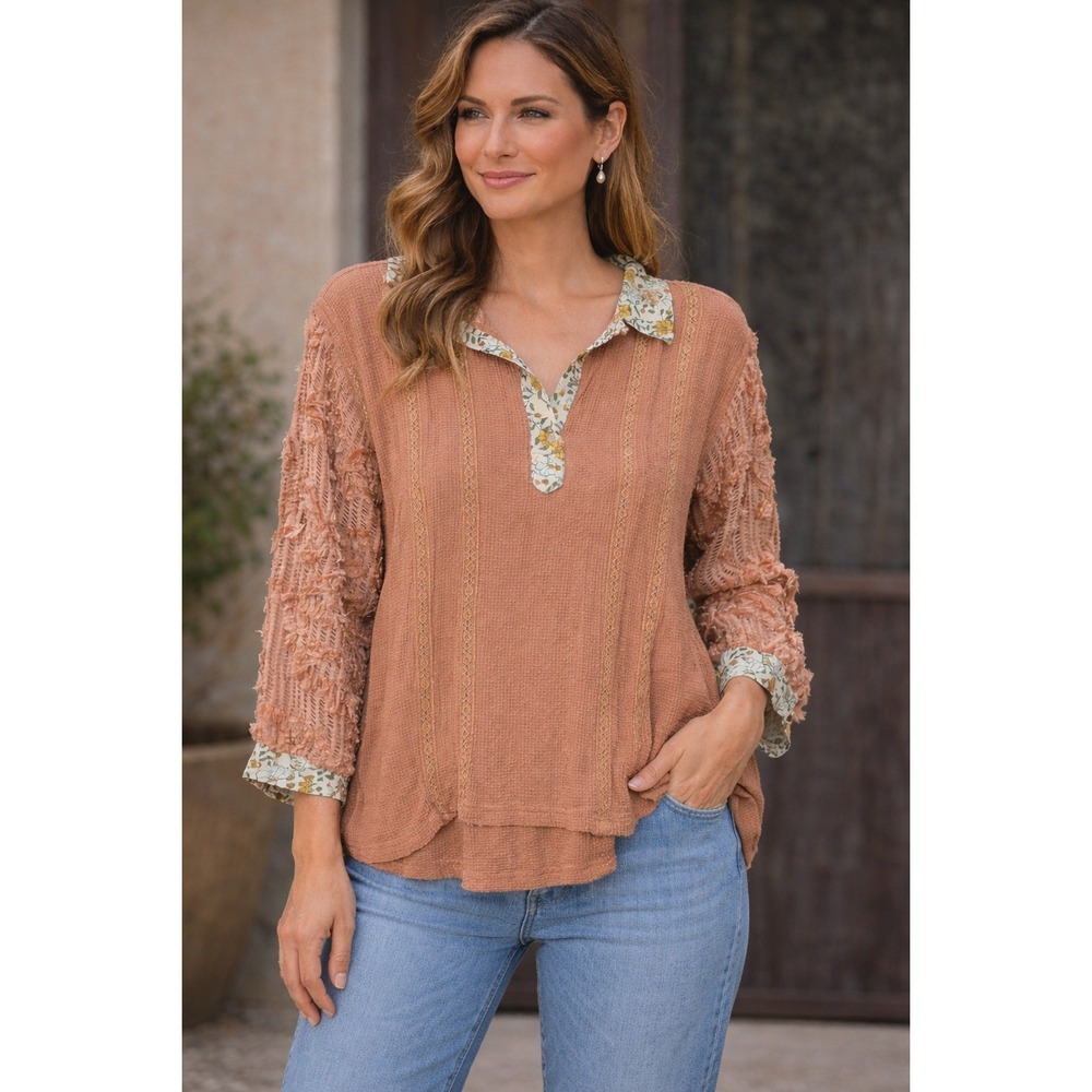 028 POL Floral Half Button Lace Detail Long Sleeve Top